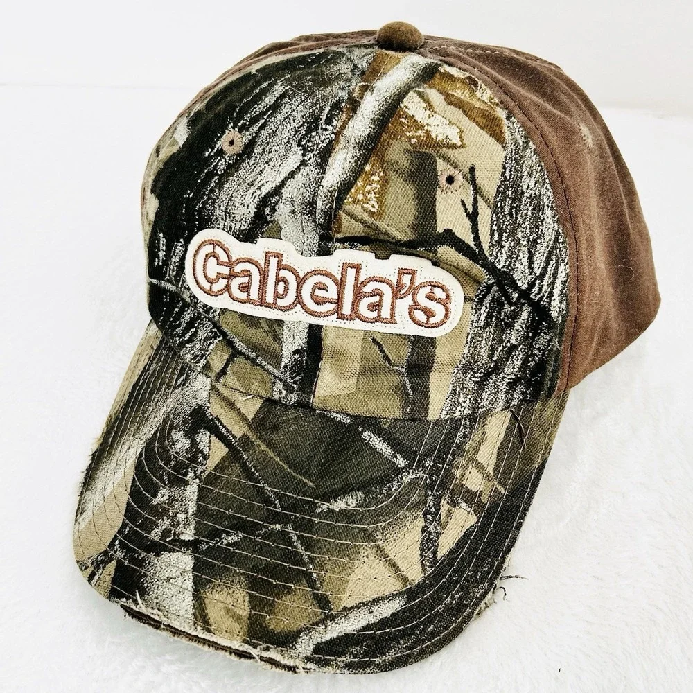 Cabela's Logo Outdoors Camo Hunting Hat Cap Adjustable Strapback Brown Workwear